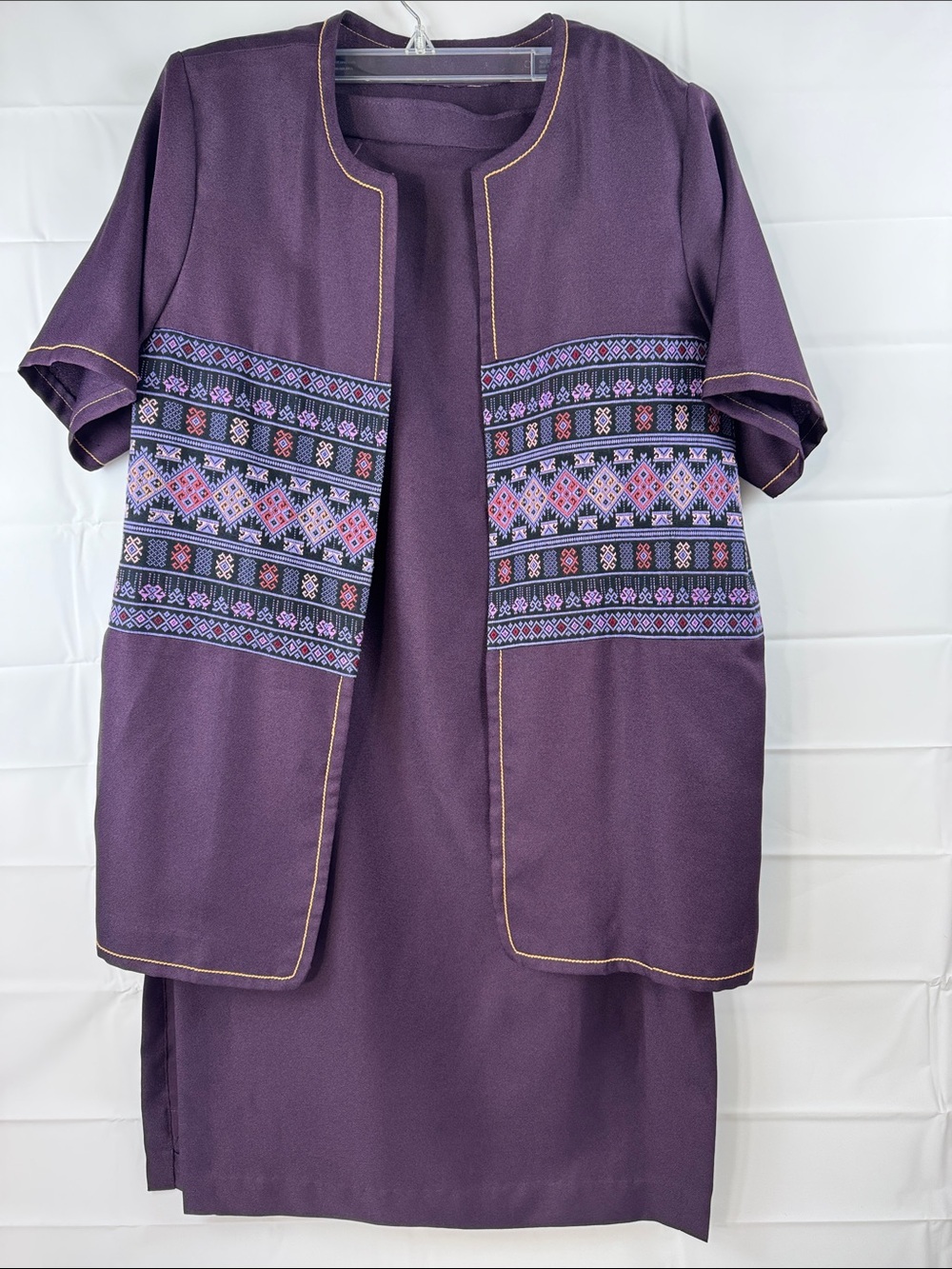 Handmade Thai Traditional Purple Folk Embroidered 2 Pc Jacket Skirt Set L?